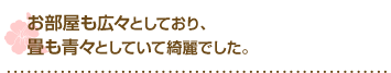 お部屋も広々としており、畳も青々としていて綺麗でした。